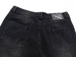 Sunfaded black heavyweight baggy denim with chrome leather back patch by WOJO