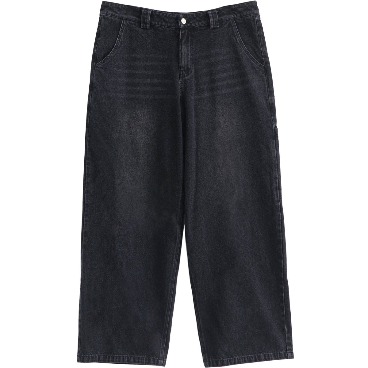 Sunfaded black heavyweight baggy denim with chrome leather back patch by WOJO