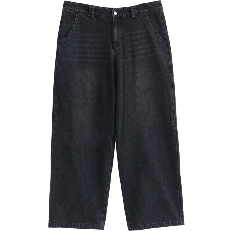Sunfaded black heavyweight baggy denim with chrome leather back patch by WOJO