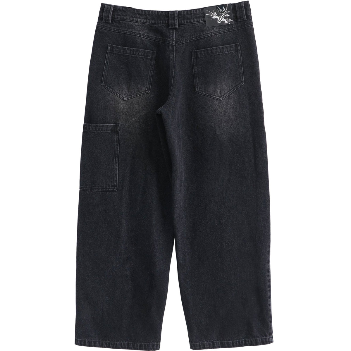 Sunfaded black heavyweight baggy denim with chrome leather back patch by WOJO