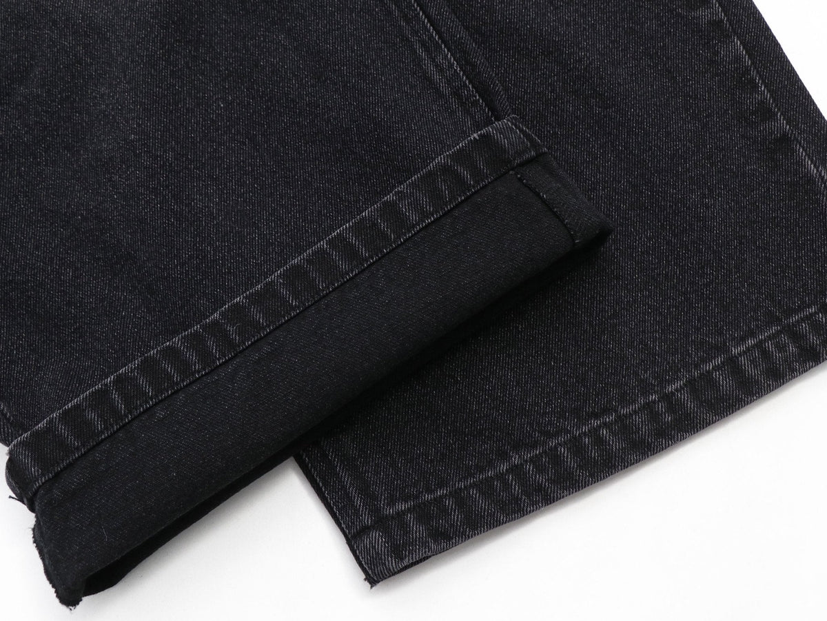 Sunfaded black heavyweight baggy denim with chrome leather back patch by WOJO