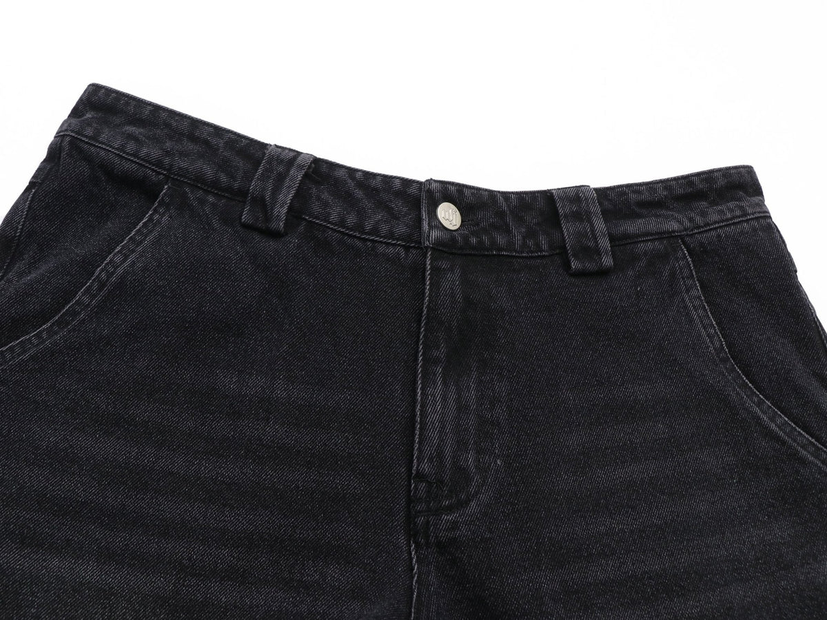 Sunfaded black heavyweight baggy denim with chrome leather back patch by WOJO