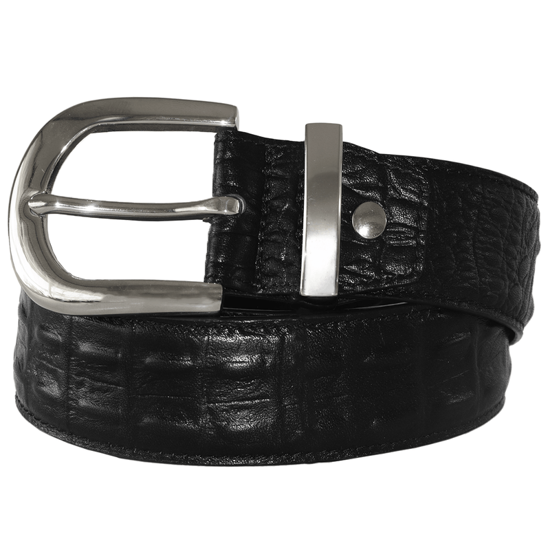 Black crocodile-embossed leather belt with stainless steel buckle by WOJO