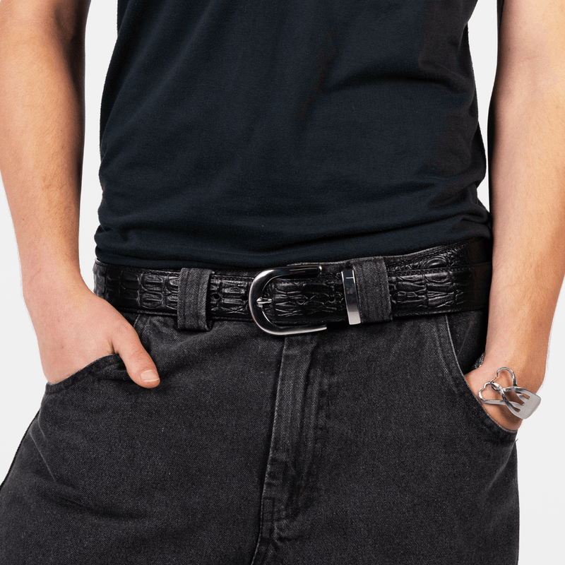 Black crocodile-embossed leather belt with stainless steel buckle by WOJO