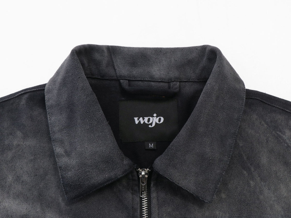 Black ultra-heavyweight cotton canvas painter jacket with cropped boxy fit by WOJO