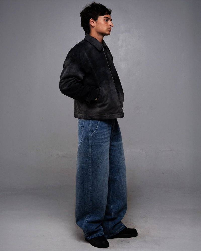 Black ultra-heavyweight cotton canvas painter jacket with cropped boxy fit by WOJO