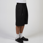Black pinstripe wide-leg shorts in heavyweight rayon twill by WOJO