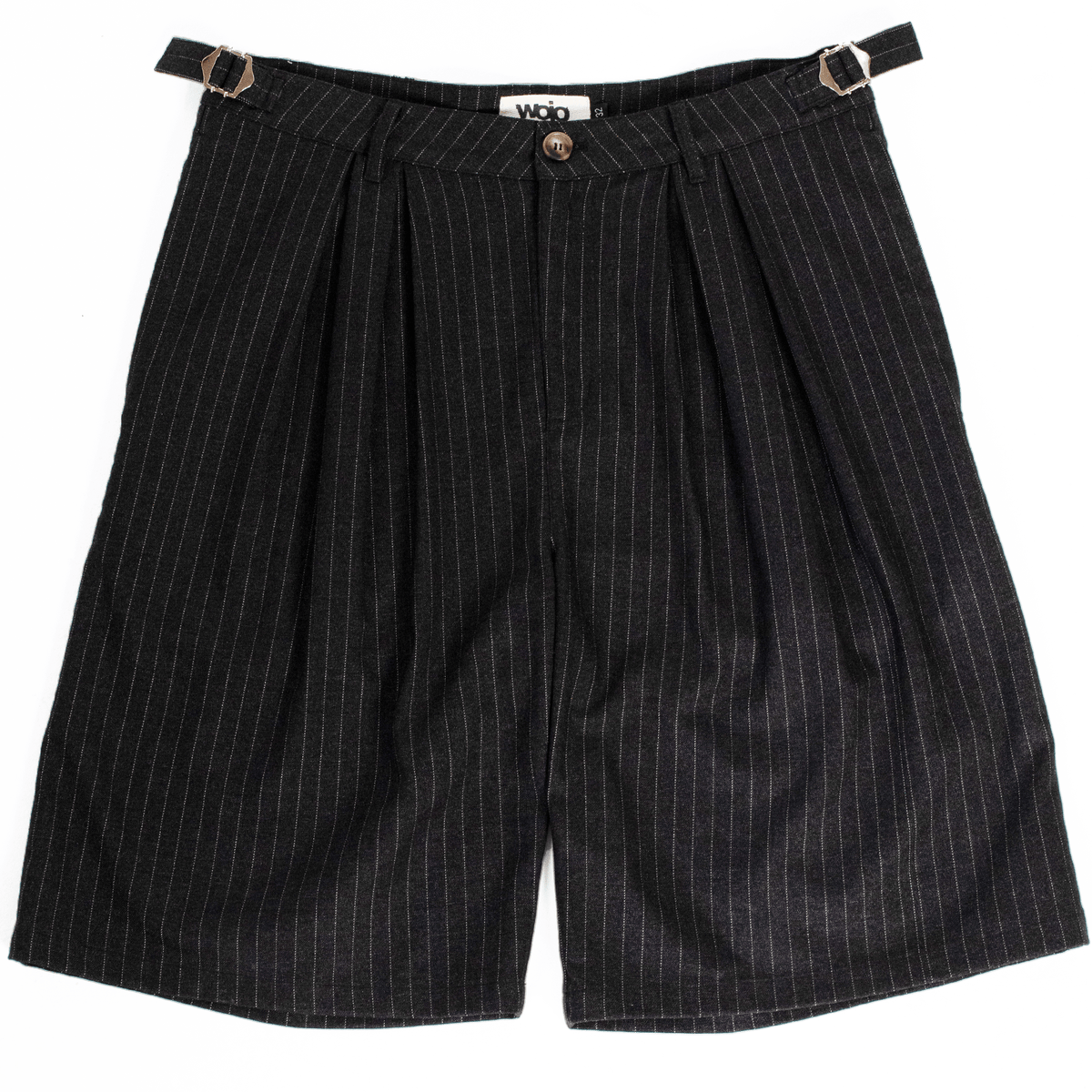 Black pinstripe wide-leg shorts in heavyweight rayon twill by WOJO