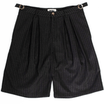 Black pinstripe wide-leg shorts in heavyweight rayon twill by WOJO