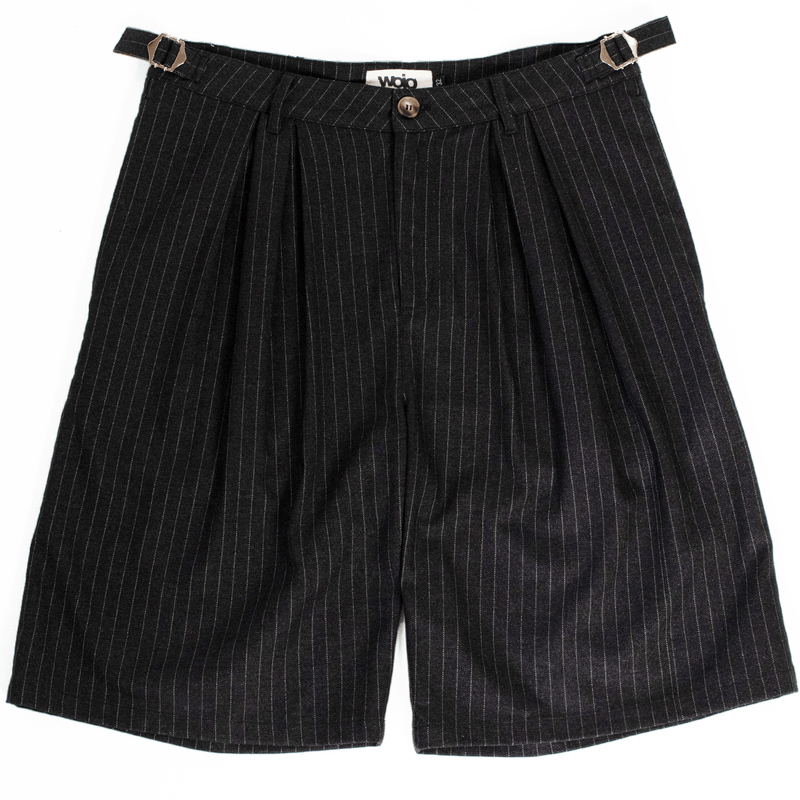 Black pinstripe wide-leg shorts in heavyweight rayon twill by WOJO
