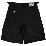 Black pinstripe wide-leg shorts in heavyweight rayon twill by WOJO