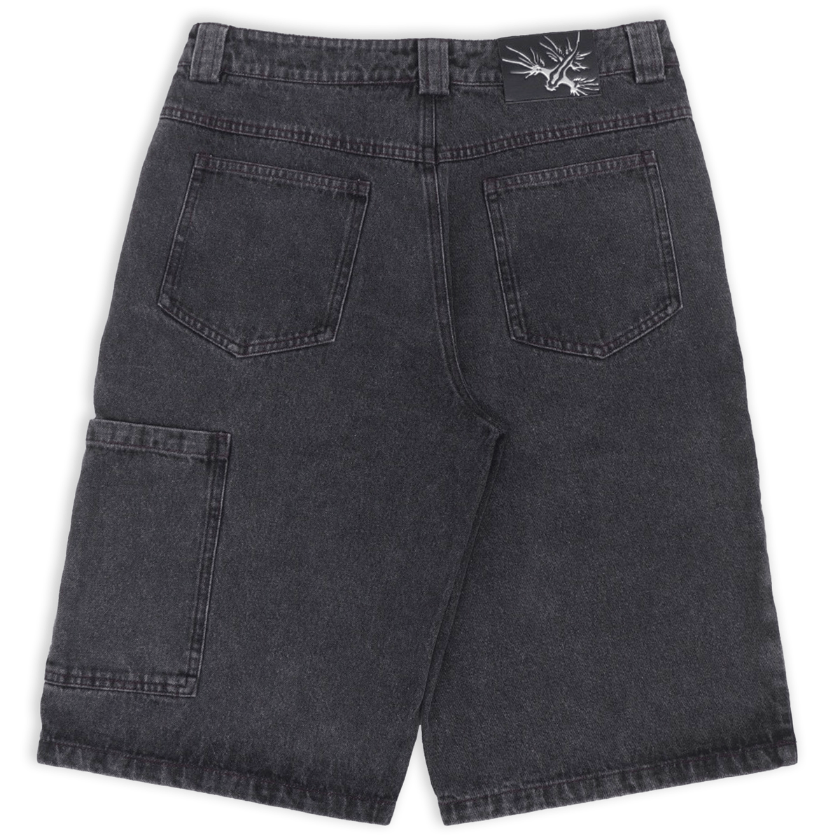 Stone-washed denim jorts with wine red stitching and chrome leather patch by WOJO