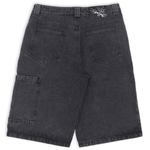 Stone-washed denim jorts with wine red stitching and chrome leather patch by WOJO