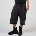 Stone-washed denim jorts with wine red stitching and chrome leather patch by WOJO