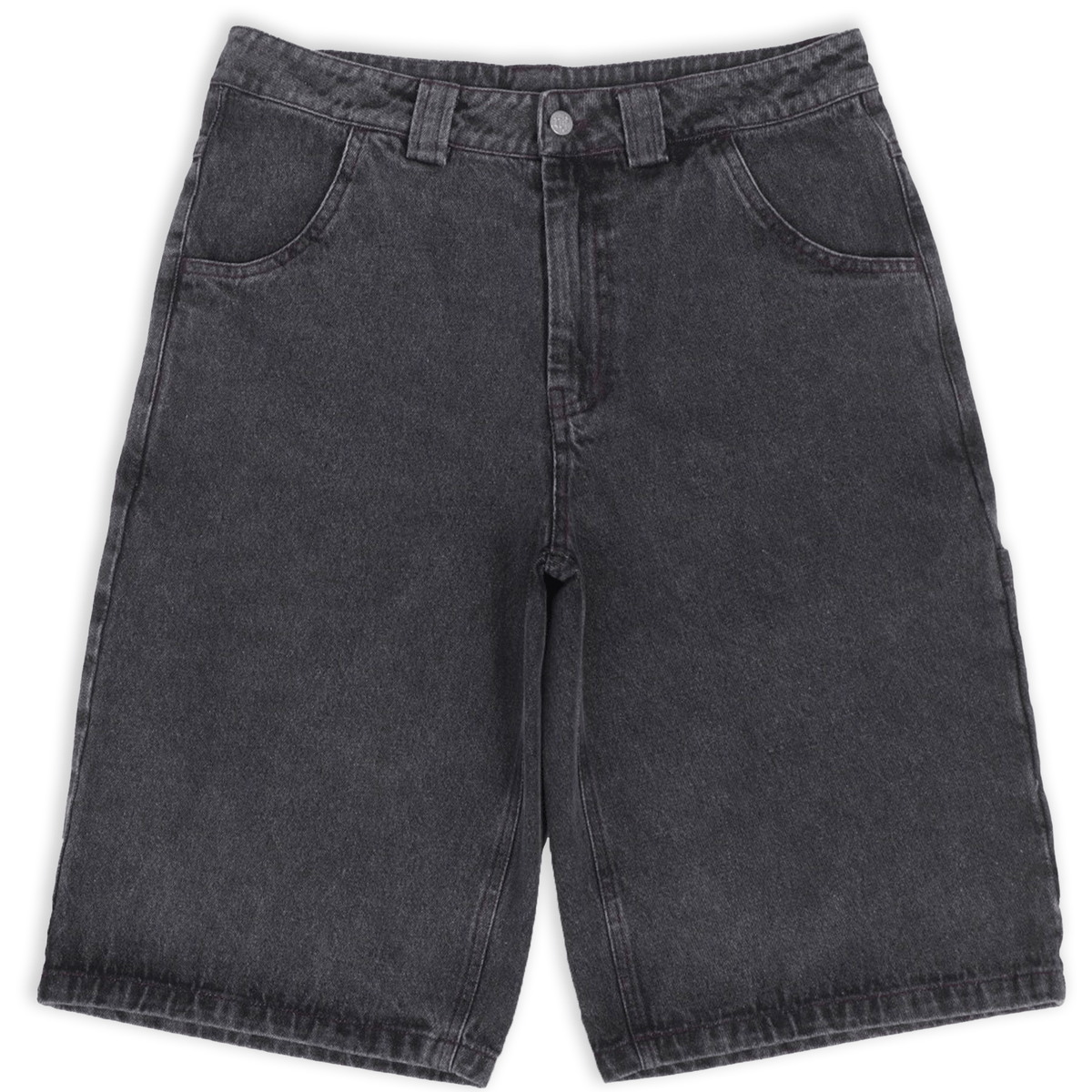 Stone-washed denim jorts with wine red stitching and chrome leather patch by WOJO
