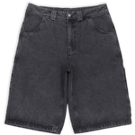 Stone-washed denim jorts with wine red stitching and chrome leather patch by WOJO