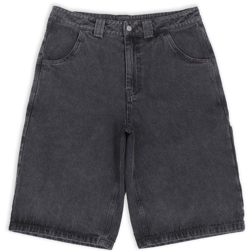 Stone-washed denim jorts with wine red stitching and chrome leather patch by WOJO