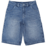 Blue heavyweight denim jorts with chrome leather patch by WOJO
