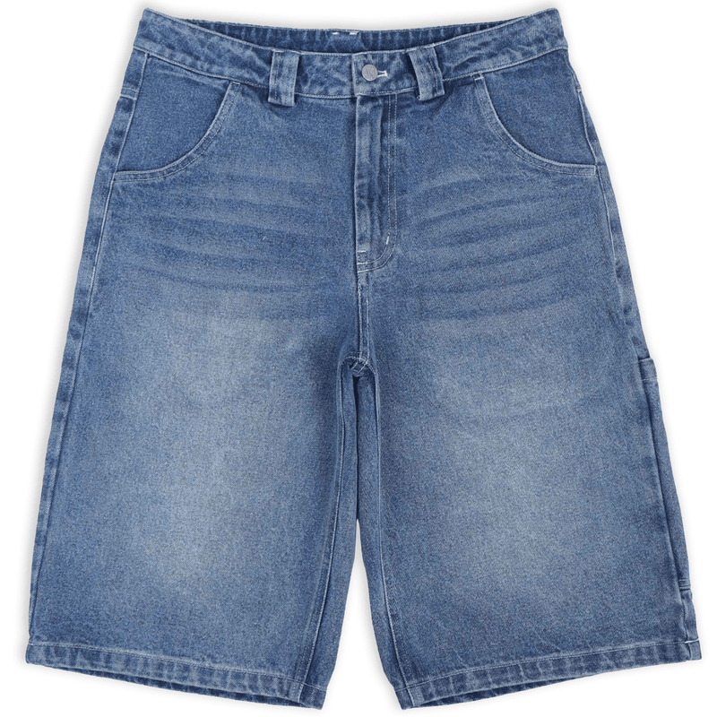 Blue heavyweight denim jorts with chrome leather patch by WOJO