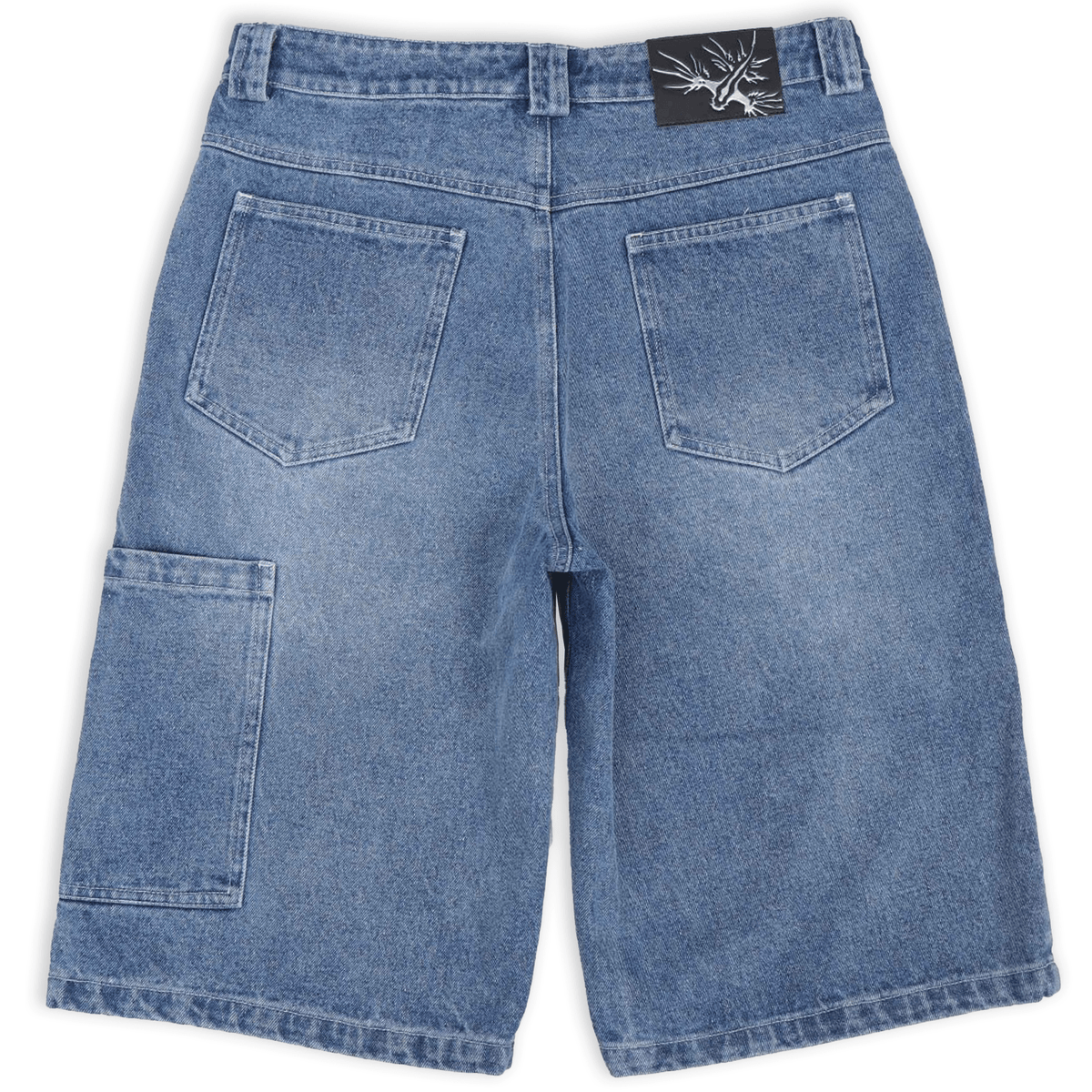 Blue heavyweight denim jorts with chrome leather patch by WOJO
