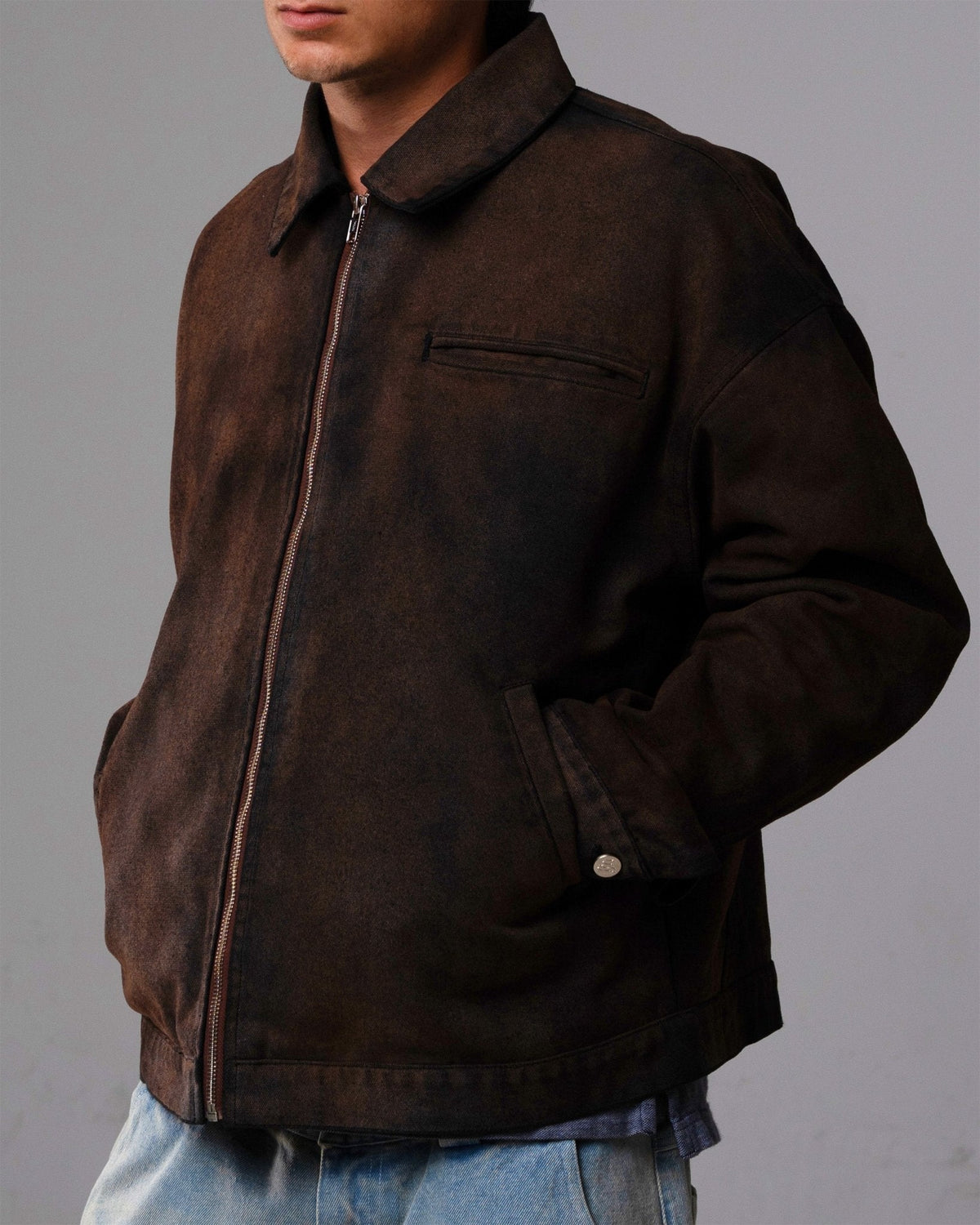Sunfaded brown ultra-heavyweight cotton canvas painter jacket by WOJO