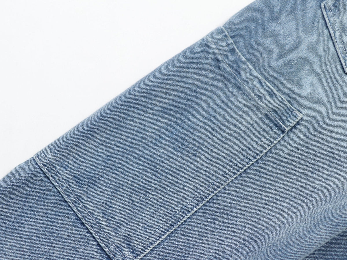 Sunfaded classic blue heavyweight baggy denim with chrome leather back patch by WOJO