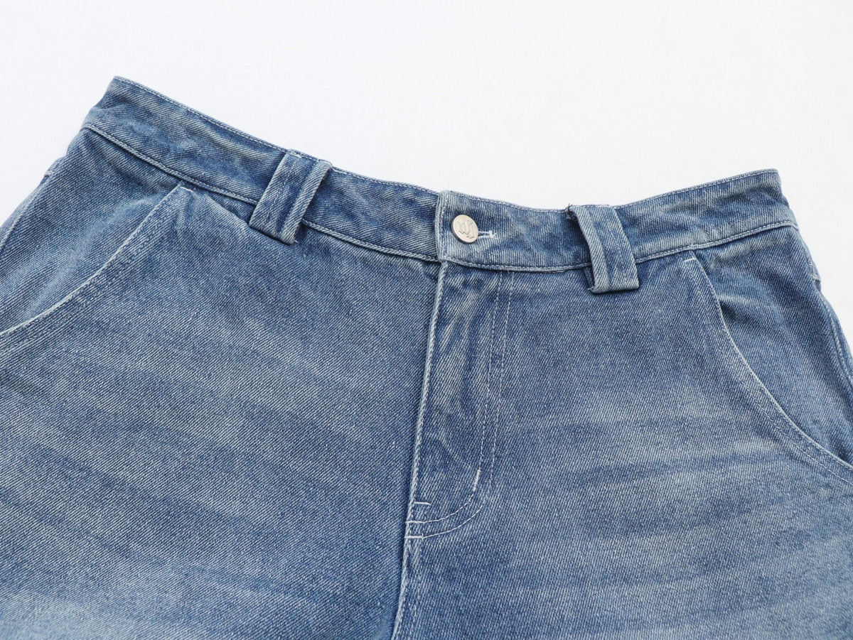 Sunfaded classic blue heavyweight baggy denim with chrome leather back patch by WOJO