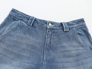 Sunfaded classic blue heavyweight baggy denim with chrome leather back patch by WOJO