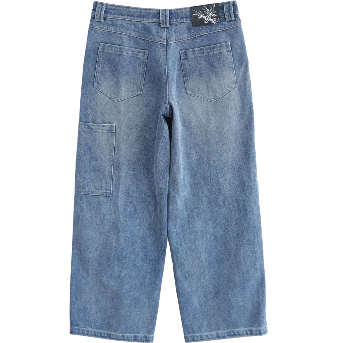 Sunfaded classic blue heavyweight baggy denim with chrome leather back patch by WOJO