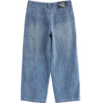 Sunfaded classic blue heavyweight baggy denim with chrome leather back patch by WOJO