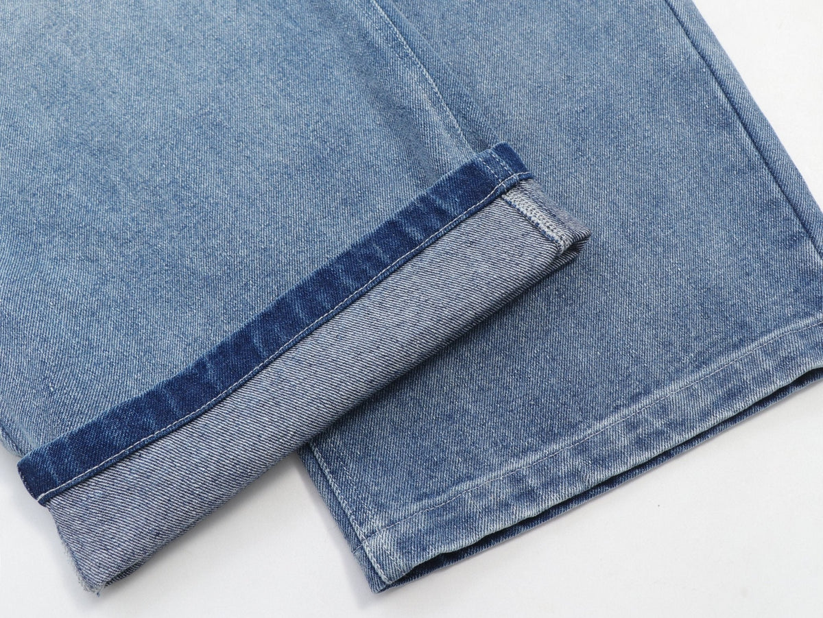 Sunfaded classic blue heavyweight baggy denim with chrome leather back patch by WOJO