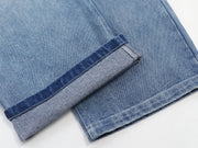 Sunfaded classic blue heavyweight baggy denim with chrome leather back patch by WOJO