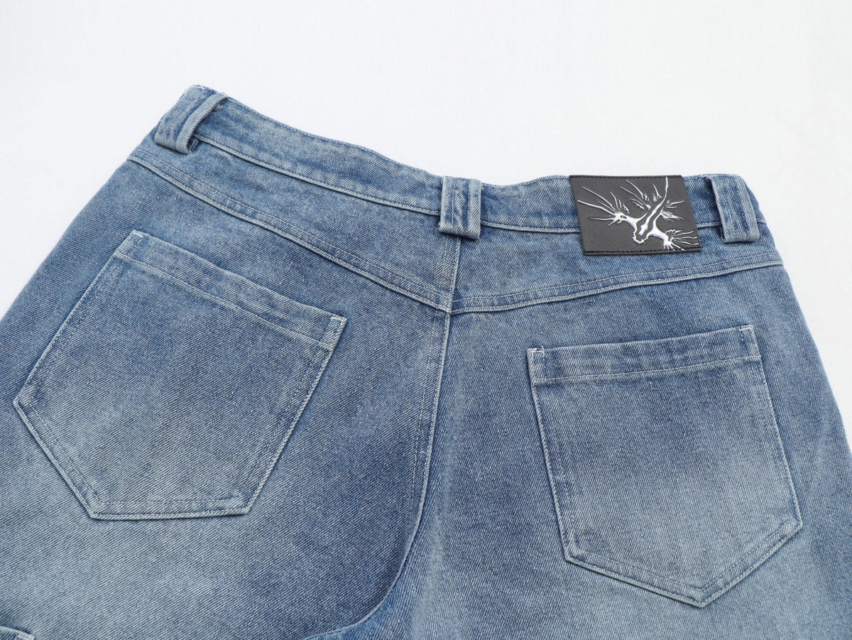 Sunfaded classic blue heavyweight baggy denim with chrome leather back patch by WOJO