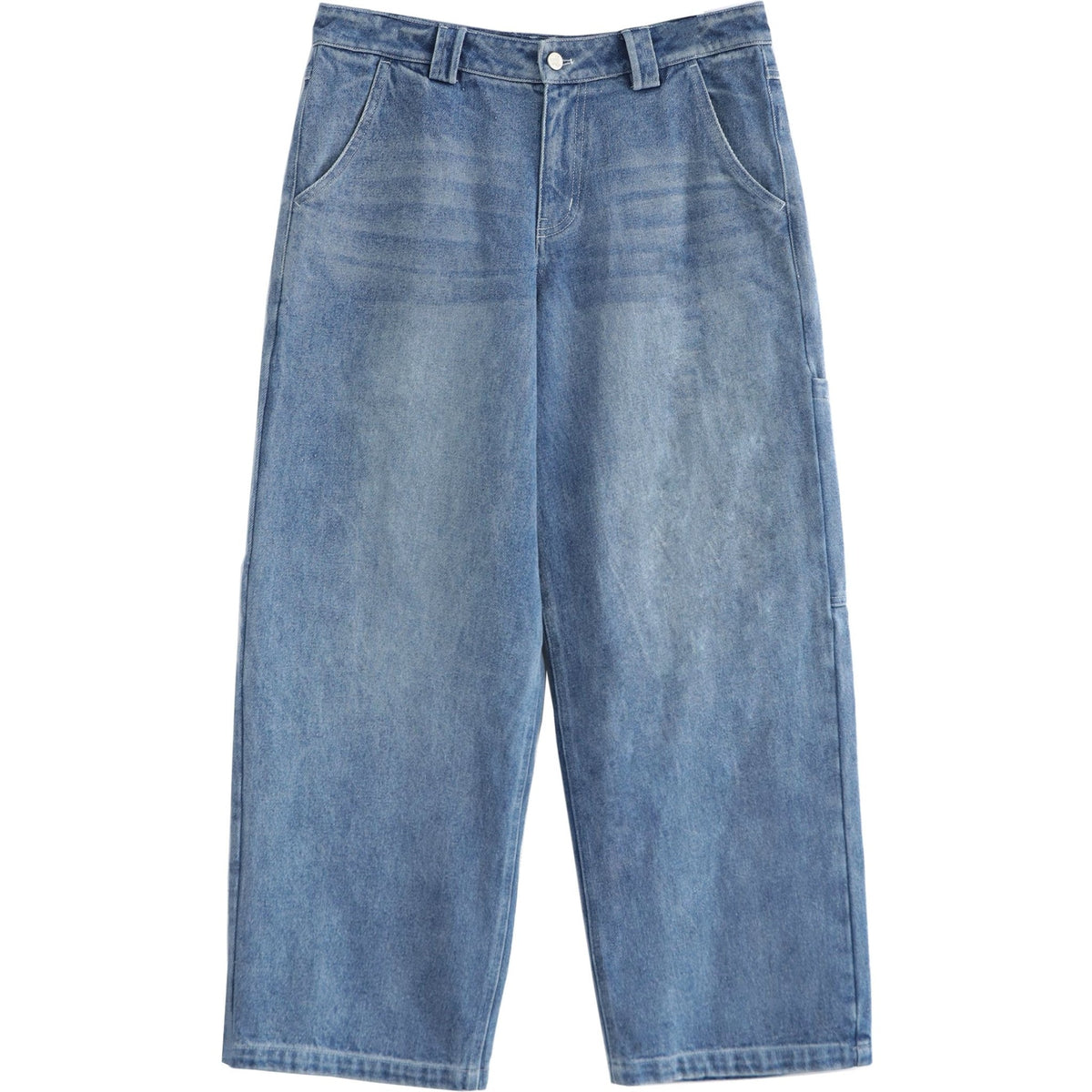 Sunfaded classic blue heavyweight baggy denim with chrome leather back patch by WOJO