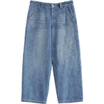 Sunfaded classic blue heavyweight baggy denim with chrome leather back patch by WOJO