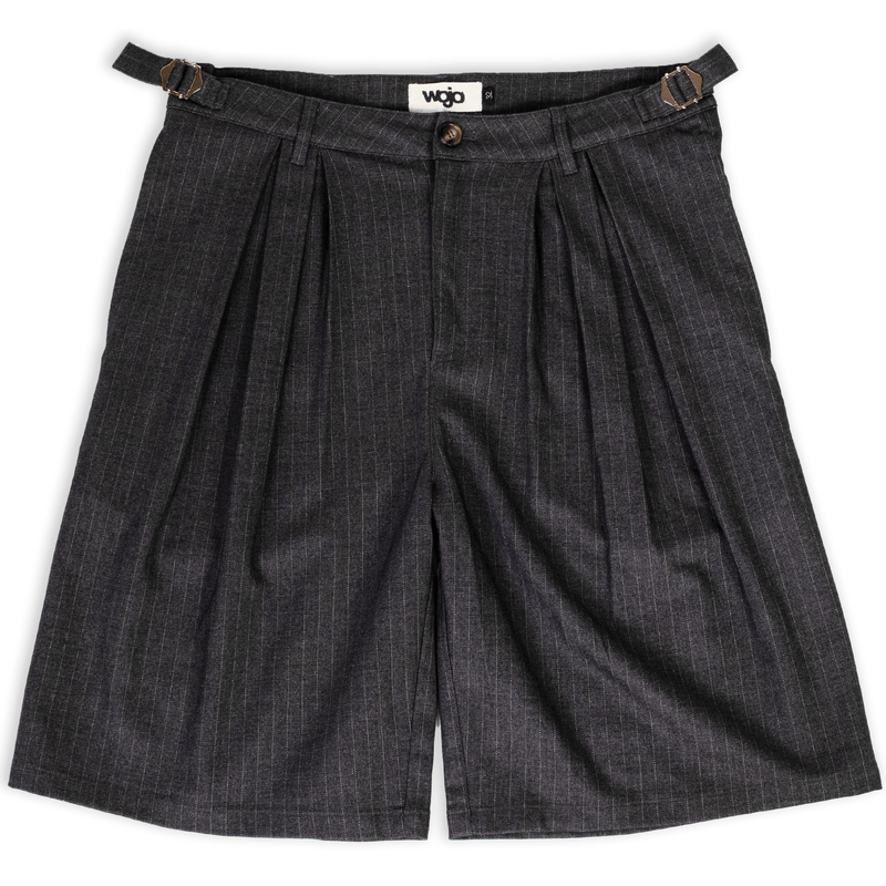Grey pinstripe wide-leg shorts in heavyweight rayon twill by WOJO