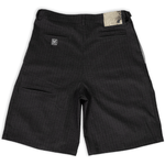 Grey pinstripe wide-leg shorts in heavyweight rayon twill by WOJO