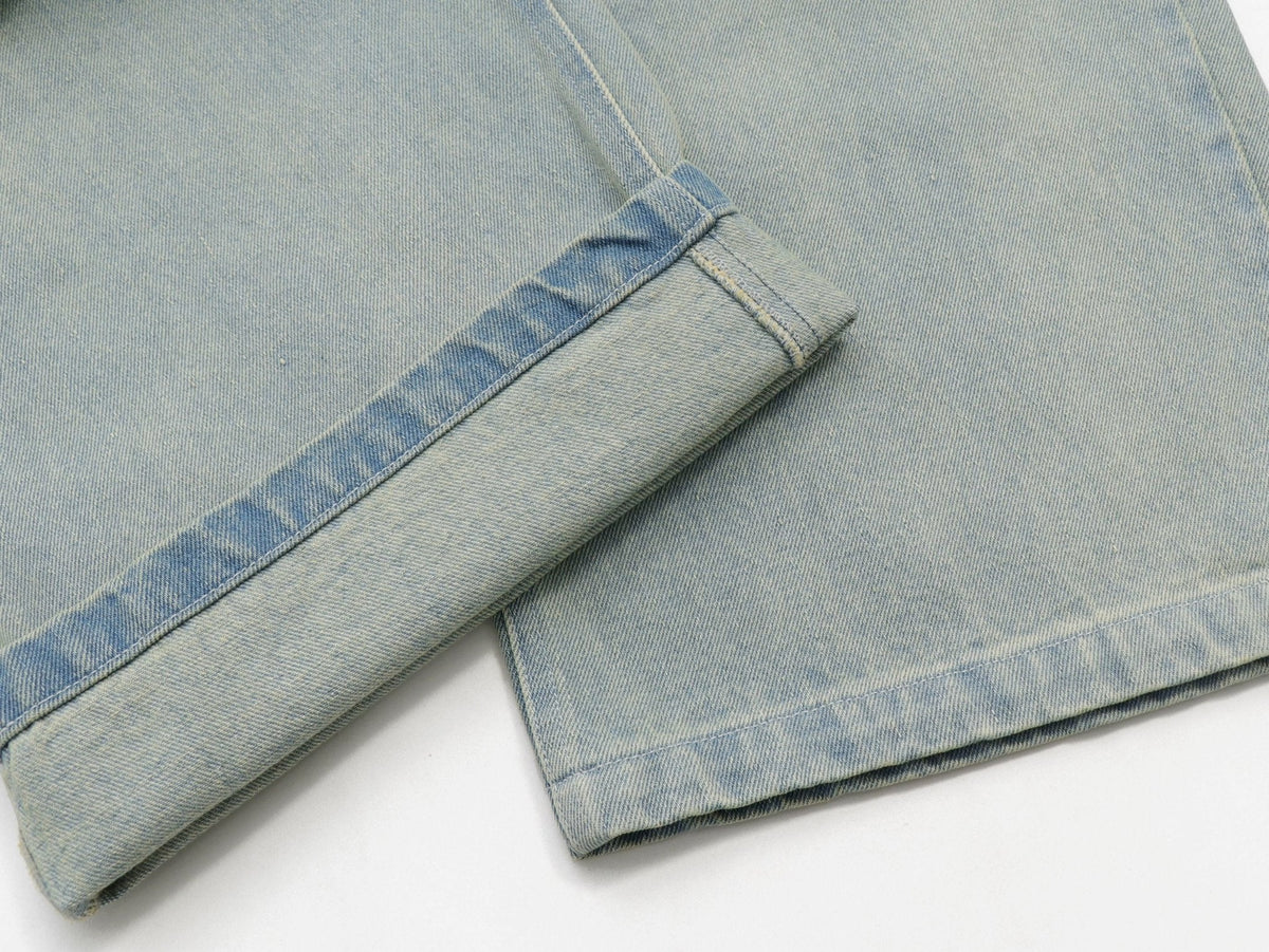 Sunfaded ice blue heavyweight baggy denim with chrome leather back patch by WOJO