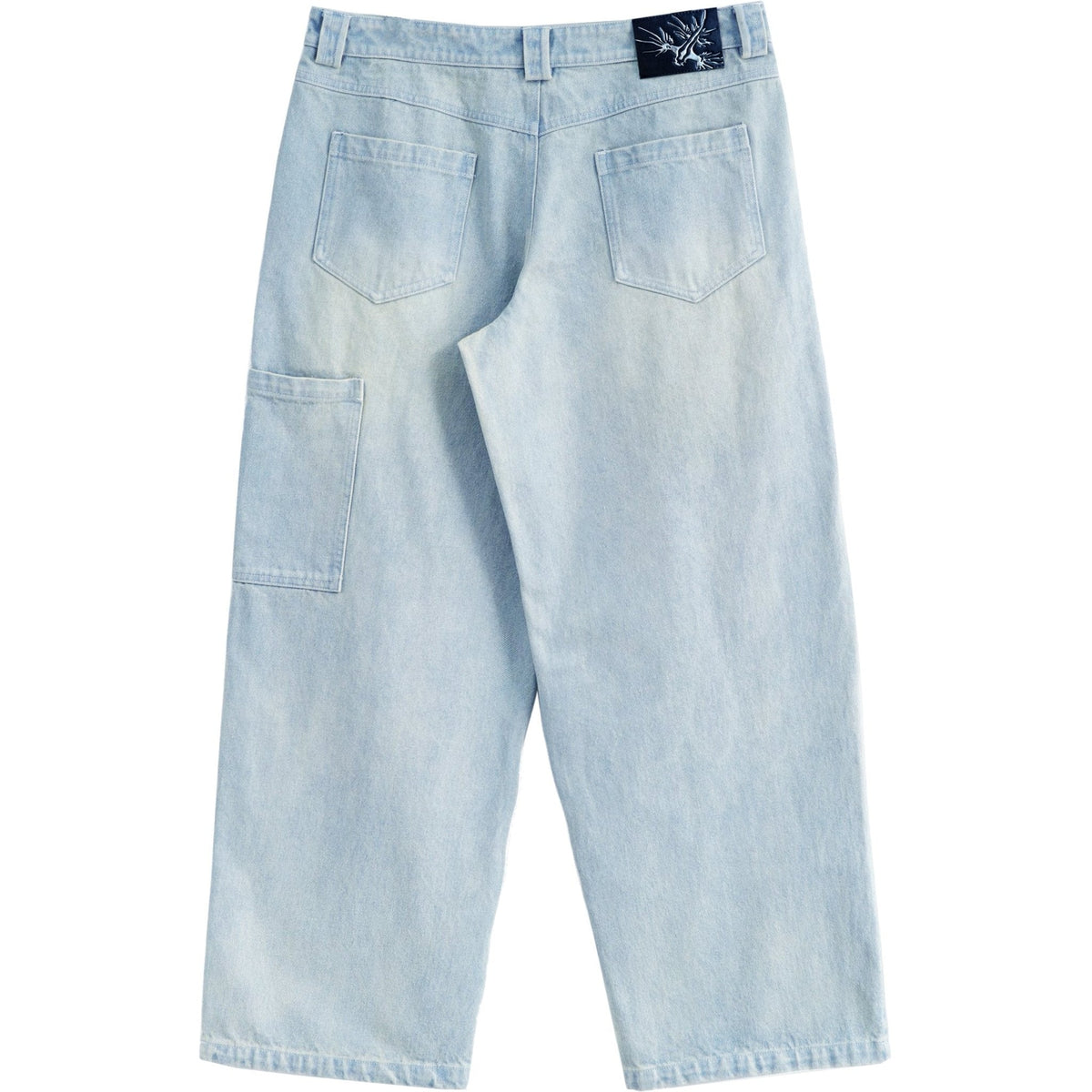Sunfaded ice blue heavyweight baggy denim with chrome leather back patch by WOJO