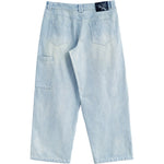 Sunfaded ice blue heavyweight baggy denim with chrome leather back patch by WOJO