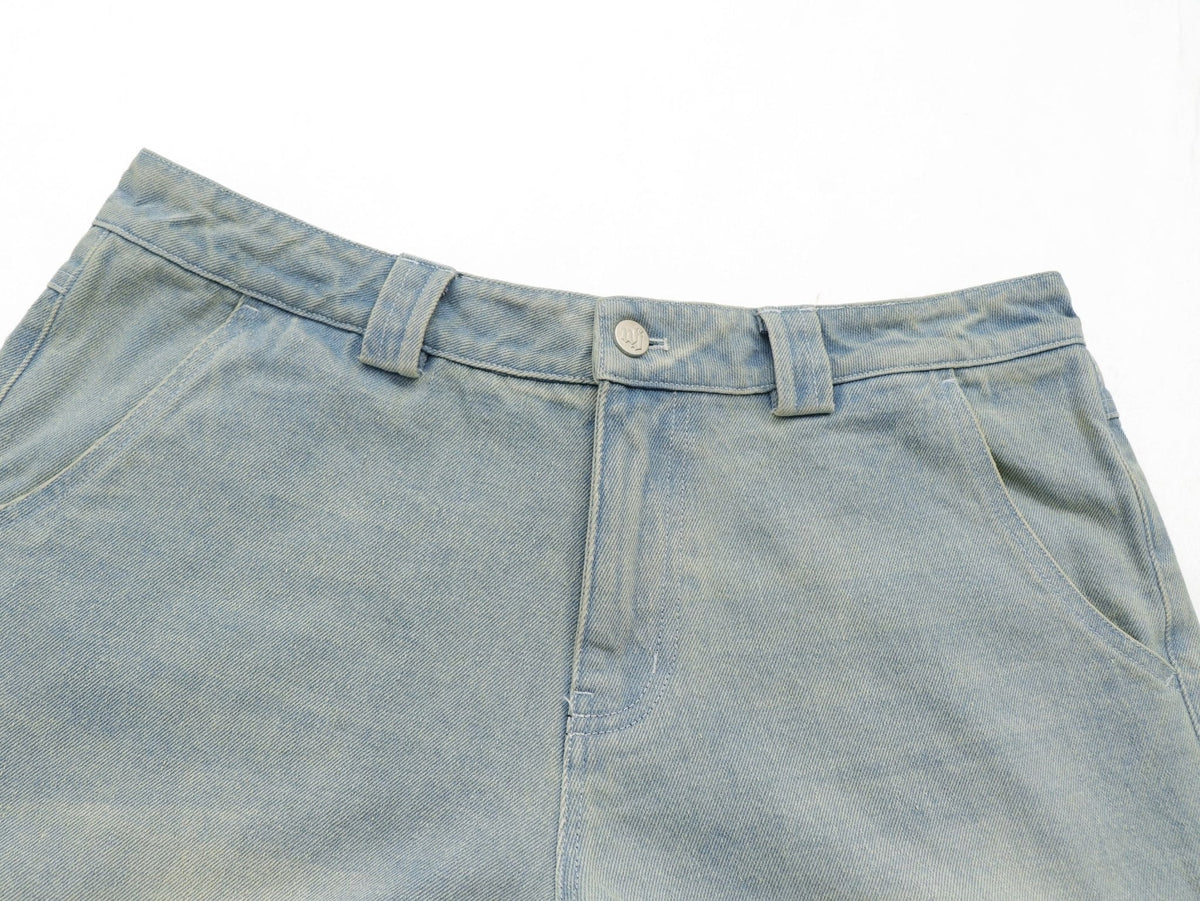 Sunfaded ice blue heavyweight baggy denim with chrome leather back patch by WOJO