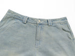 Sunfaded ice blue heavyweight baggy denim with chrome leather back patch by WOJO