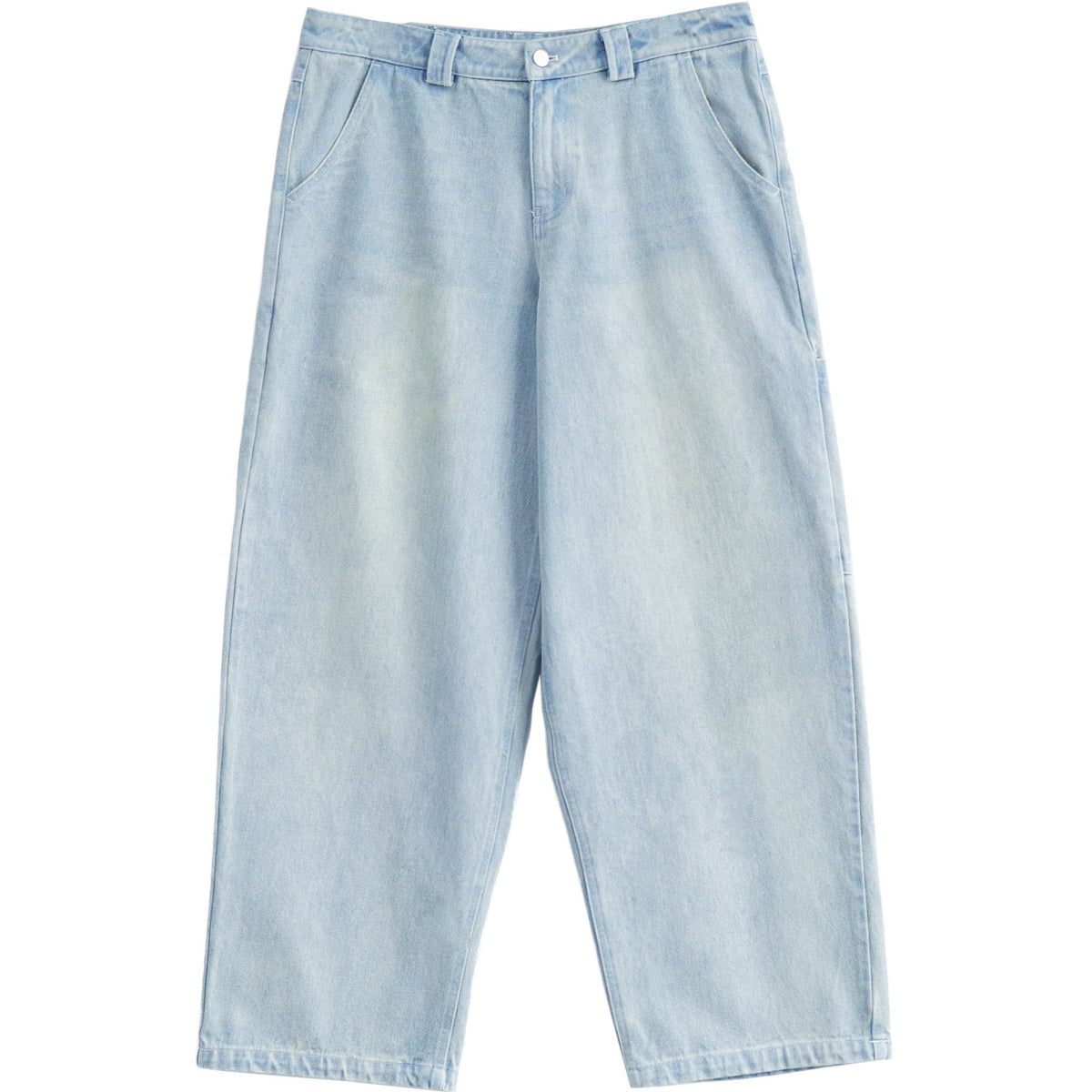 Sunfaded ice blue heavyweight baggy denim with chrome leather back patch by WOJO