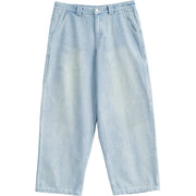 Sunfaded ice blue heavyweight baggy denim with chrome leather back patch by WOJO