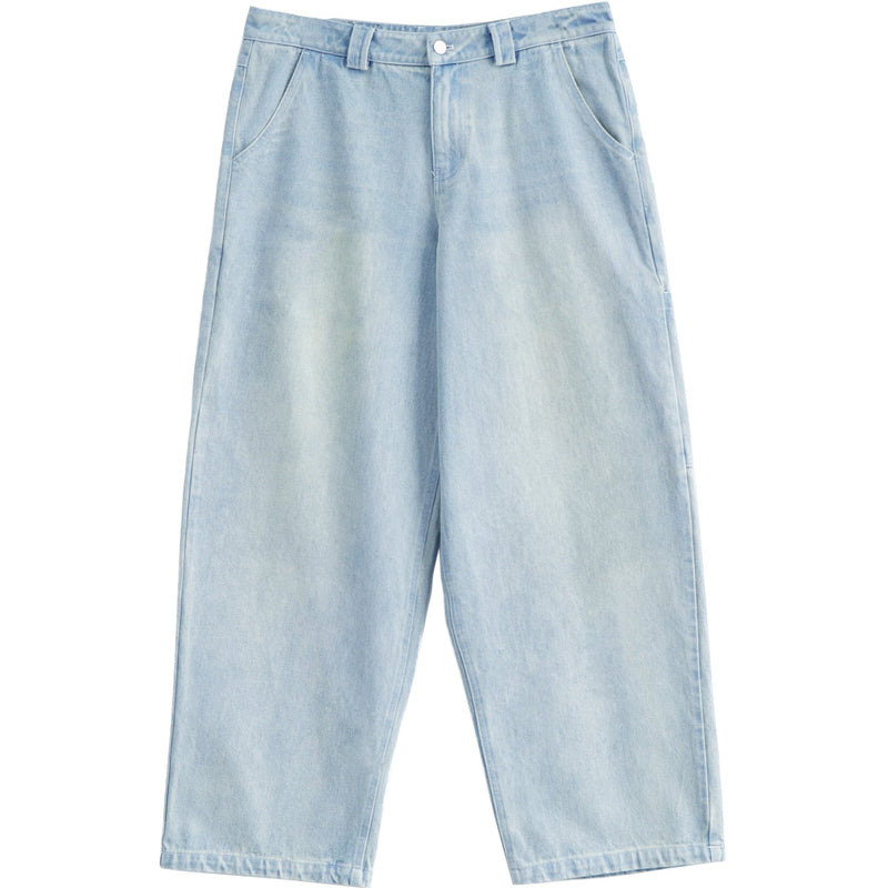 Sunfaded ice blue heavyweight baggy denim with chrome leather back patch by WOJO