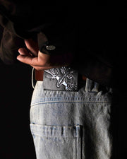 Sunfaded ice blue heavyweight baggy denim with chrome leather back patch by WOJO