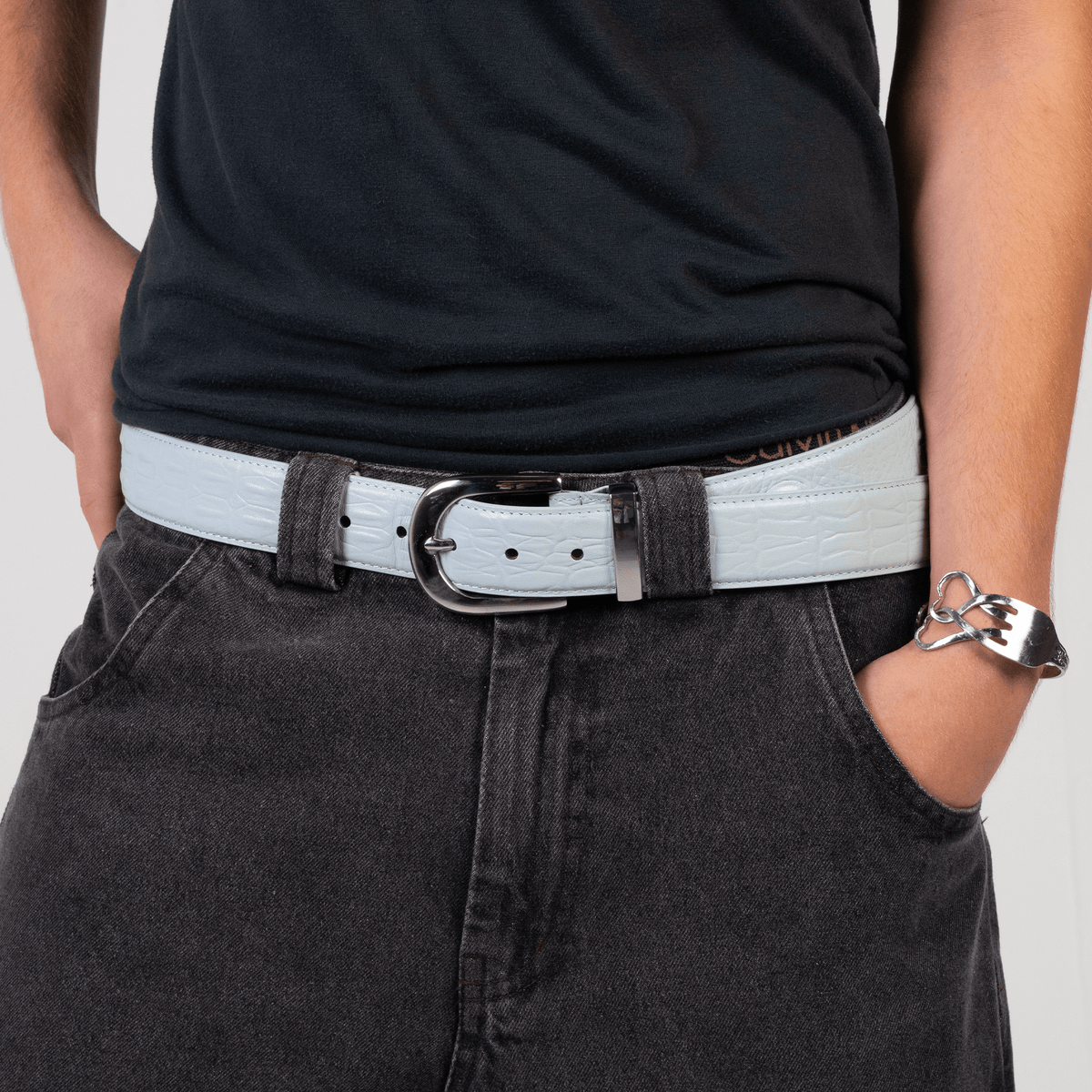 Ice blue crocodile-embossed leather belt with stainless steel buckle by WOJO