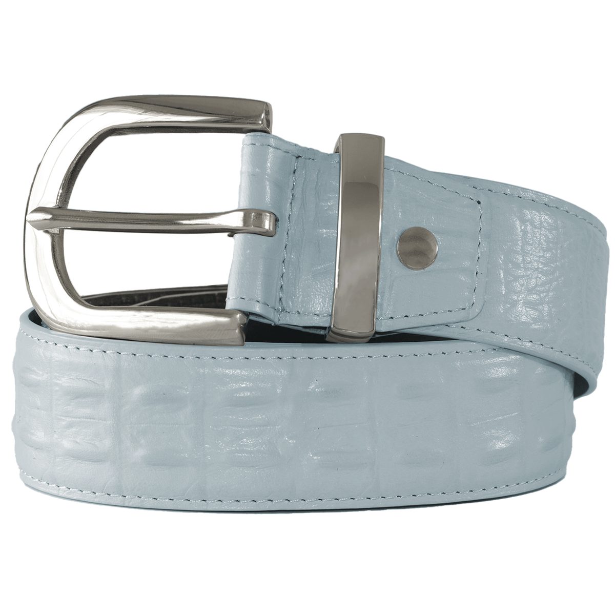 Ice blue crocodile-embossed leather belt with stainless steel buckle by WOJO