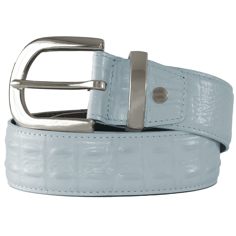 Ice blue crocodile-embossed leather belt with stainless steel buckle by WOJO