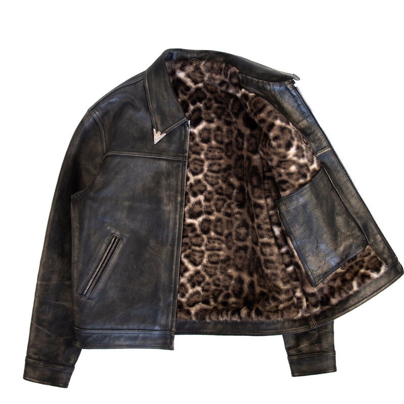 Leopard print genuine leather jacket with a boxy oversized fit by WOJO